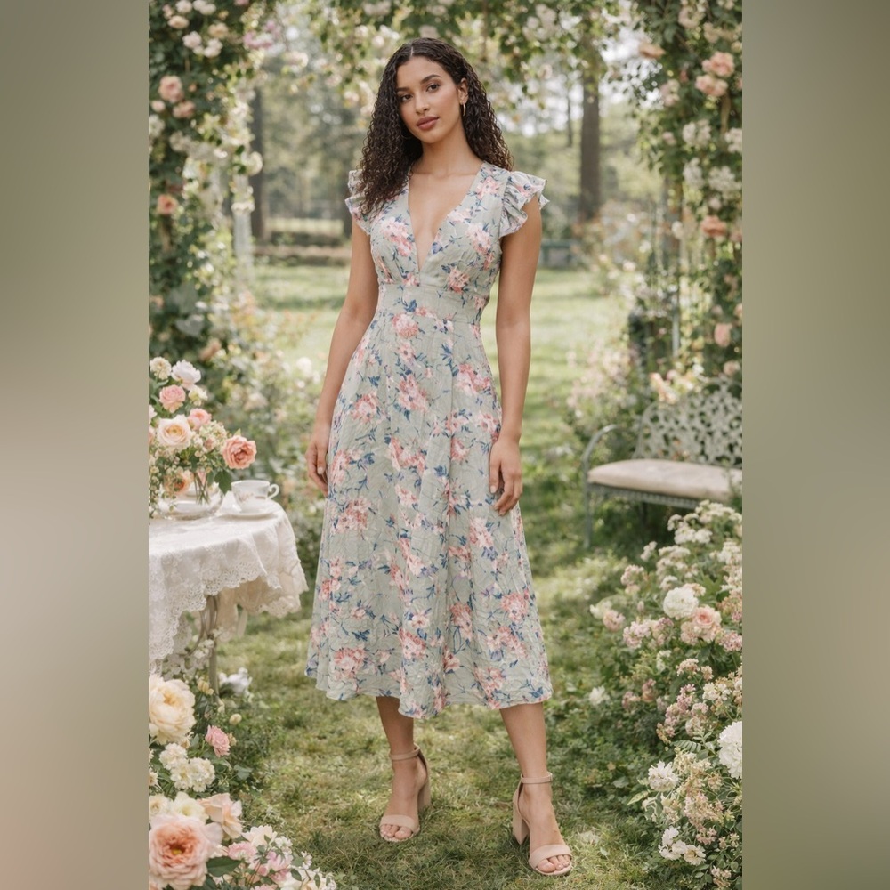 NWT Storia Linen Blend Floral Midi Dress Sage Green Pink V-Neck Size Medium